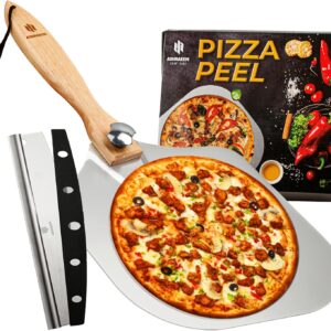 Premium Pizza Peel (12 x 14 Inch) Aluminum with Cutter | Pizza Spatula with Foldable Wooden Handle for Easy Storage | Pizza Spatula for Indoor and Outdoor Ovens